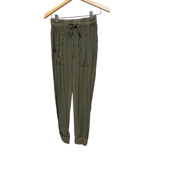 Mustard Seed Green Elastic Waist Paper Bag Jogger Lounge Pants w Drawstring - Picture 1 of 5